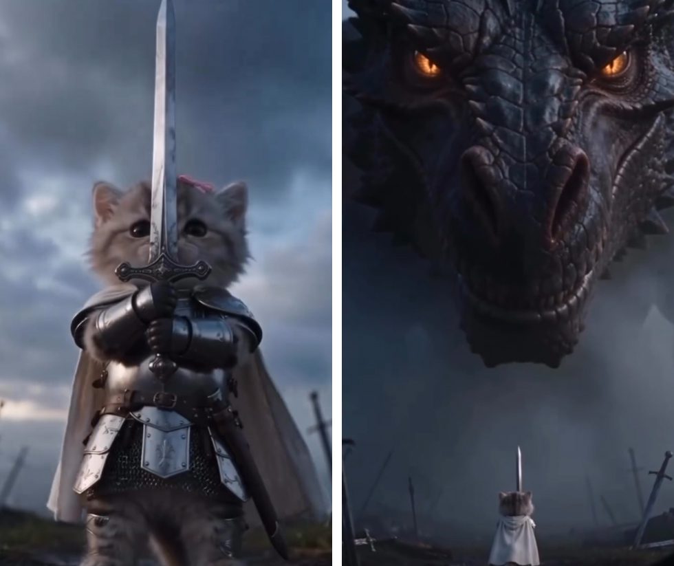 Фото: соцсети, кадры из видео - kitten.knight.plush мем котёнок в доспехах с мечом